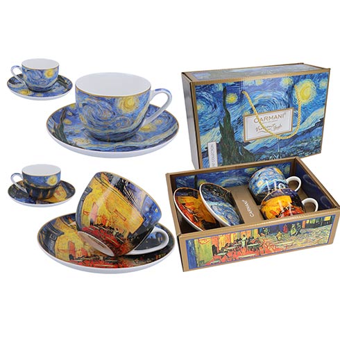 Carmani Porcelan | Carmani Set 2 solje sa tacnom Van Gogh Starry Night and Cafe Terrace at Night 250ml