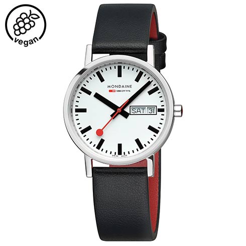 Mondaine Švajcarski satovi | Mondaine sat Classic dan datum crna vegan koža od grožđa 36mm